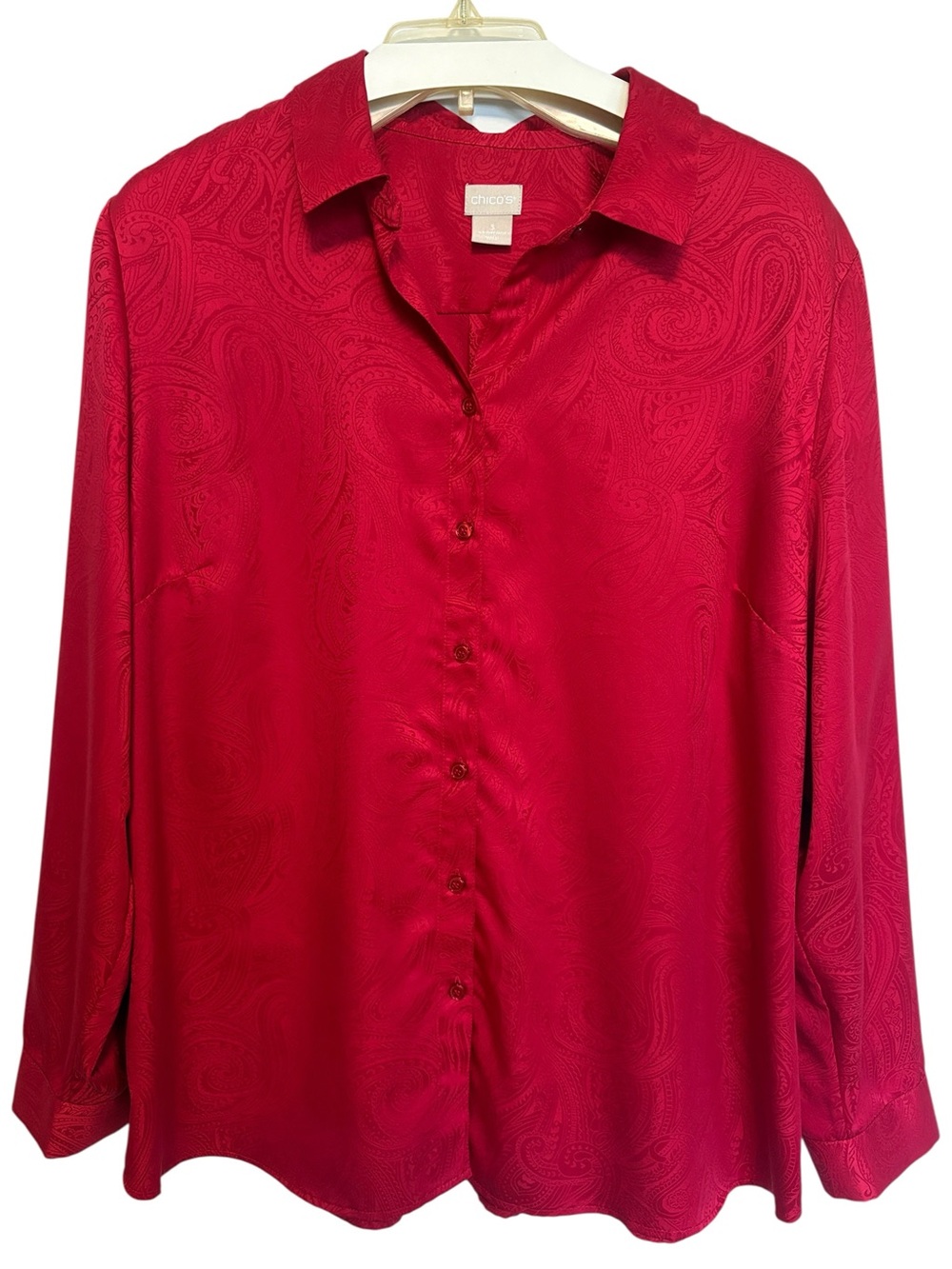 CHICO’S Red Paisley Jacquard Button Down Blouse Long Sleeve Size 3 XL 16/18